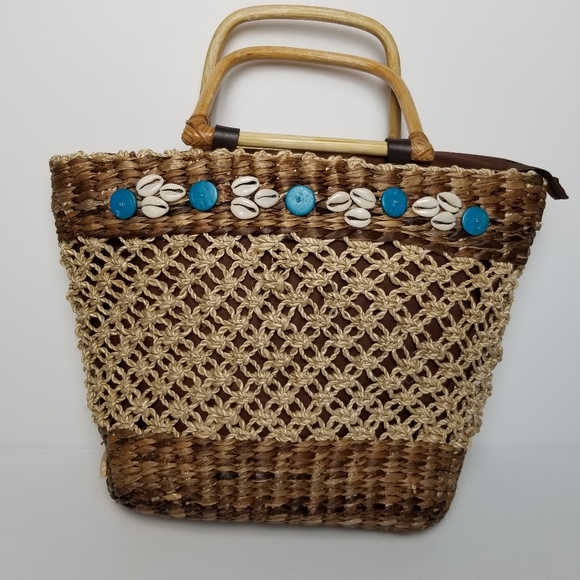 NINE WEST RAFFIA STRAW SEASHELL WOOD BOHO BAG - Picture 1 of 12